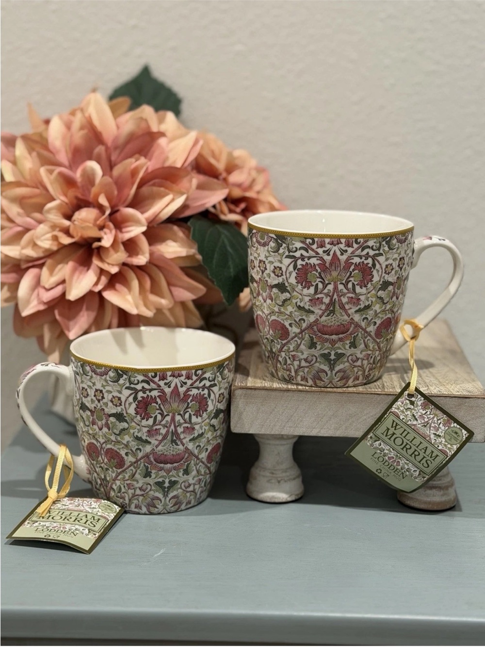 NEW! William Morris- Leonardo Collection LODDEN PINK/GREEN-
Coffee/Tea Mug Set-2